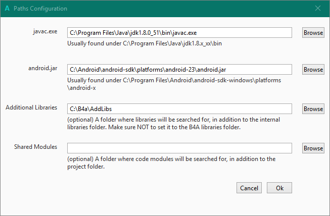 Module code. Is configuration. Shared Modules. Android platform not Set. Fatal Error: Invalid configuration Path\filename.